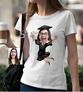 BK Gift Kişiye Özel Bayan Mezuniyet Karikatür Beyaz Tişört  1