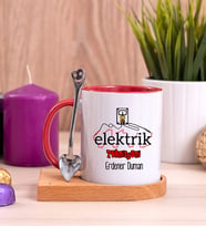 Elektrik Teknisyeni Ahşap Altlıklı Kırmızı Kupa Bardak