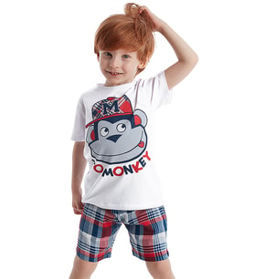 Monkey Ekose Erkek Çocuk T-shirt Şort Takım (Çok Renkli)