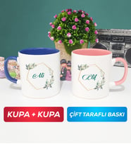 İkili Çiçek Tasarımlı İsme Özel Kupa Bardak Lacivert Pembe