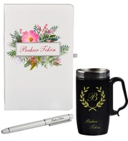 Kişiye Özel Çiçek ve Yaprak Desenli Defter Kalem Ve Siyah Termos Mug Seti
