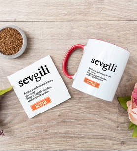 Sevgili Kelime Anlamı Kırmızı Kupa Bardak Ve Bardak Altlığı Seti