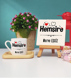 Hemşire Ahşap Altlıklı Türk Kahvesi Fincanı ve Dekoratif Taş Baskı