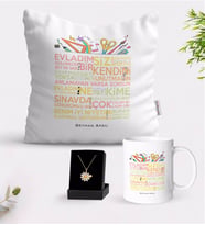 BK Gift Kişiye Özel Öğretmen Sözleri Beyaz Kupa Yastık ve İsimli Papatya Kolye Hediye Seti-1 (Model 1)
