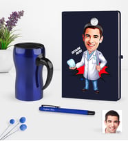 BK Gift Kişiye Özel Bay Diş Hekimi Karikatürlü Lacivert Defter Kalem Termos Mug Seti - 3 (Model 1)