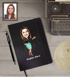 Kişiye Özel Öğretmen KarikatürlüSiyah Defter Kalem Hediye Seti  Bayan-8