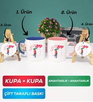 İkili Lacivert Pembe Sevgiliye Sevgililer Günü Hediyesi 3 Kupa Bardak Anahtarlık