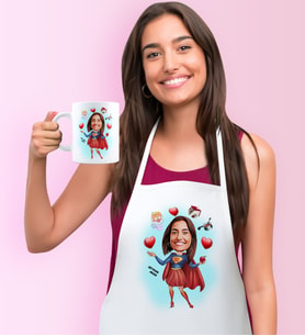 BK Gift Kişiye Özel Süper Anne Karikatürlü Mutfak Önlüğü Kupa Seti (Beyaz)