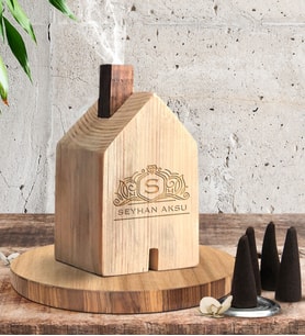 BK Gift Kişiye Özel Ev Tasarımlı Doğal Ahşap Tütsülük-1 (Konik Tütsü Hediyeli) (Bej)