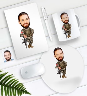 BK Gift Kişiye Özel Asker Karikatürlü Defter Kalem Kupa Mouse Pad Seti-2 (Model 1)