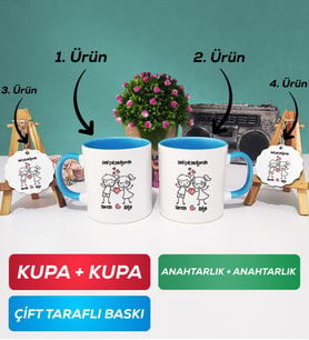 İkili Mavi Kişiye Özel Sevgililer Günü Hediyesi Kupa Bardak Anahtarlık Hediye Seti