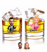 BK Gift Kişiye Özel Renkli Baskılı Erkek ve Kadın Karikatürlü İkili Viski Bardağı-5 (Beyaz)
