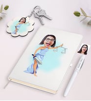 BK Gift Kişiye Özel Kadın Avukat Karikatürlü Beyaz Defter Kalem ve Anahtarlık Hediye Seti-2 (Model 1)