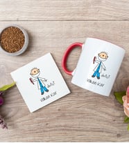 Erkek Diş Hekimi Karikatürü Kırmızı Kupa Bardak Ve Bardak Altlığı Seti