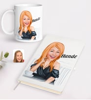 BK Gift Kişiye Özel Kadın Moda İkonu Karikatürlü Beyaz Defter ve Kupa Hediye Seti-3 (Model 1)