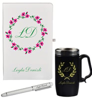 Yaz Çiçeği Desenli Kişiye Özel Hediye Defter Kalem Ve Siyah Termos Mug Seti