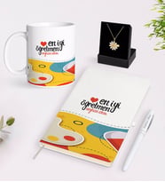 BK Gift Kişiye Özel En İyi Öğretmen Beyaz Kupa Defter Kalem ve İsimli Papatya Kolye Hediye Seti-4 (Model 1)