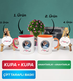 İkili Kırmızı Turuncu Sevgiliye Sevgililer Günü Hediyesi 11 Kupa Bardak Anahtarlık