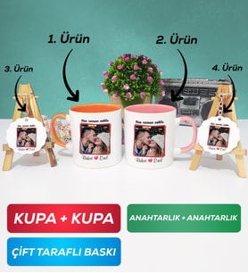 İkili Turuncu Pembe Sevgiliye Sevgililer Günü Hediyesi 9 Kupa Bardak Anahtarlık