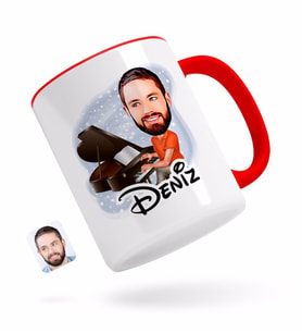 BK Gift Kişiye Özel Erkek Piyanist Karikatürlü Kırmızı Kupa Bardak