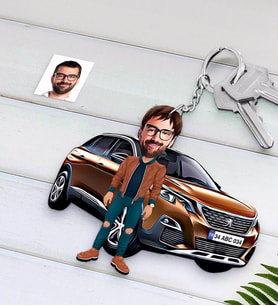 BK Gift Kişiye Özel Erkek Peugeot 3008 Figürlü Plakalı Ahşap Karikatür Anahtarlık-2 (Beyaz)
