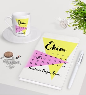 BK Gift Kişiye Özel Doğum Günü Takvim Beyaz Defter Kalem Türk Kahvesi Fincanı Seti-5 (Model 1)