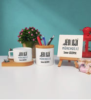 Jeoloji Mühendisi Ahşap Altlıklı Fincan Kalemlik ve Dekoratif Taş Baskı Seti