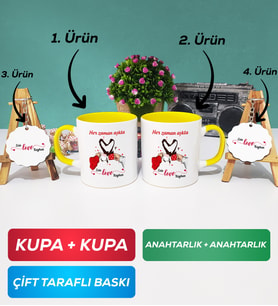 İkili Sarı Sevgiliye Sevgililer Günü Hediyesi 10 Kupa Bardak Anahtarlık