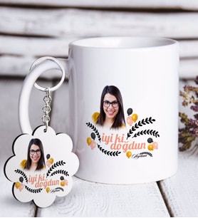 BK Gift Kişiye Özel Fotoğraflı Doğum Günü Beyaz Kupa ve Anahtarlık Hediye Seti-9 (Model 1)