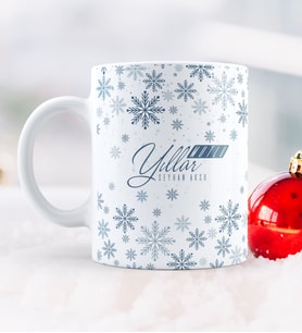 BK Gift Kişiye Özel Yılbaşı Kar Tanesi Temalı Beyaz Kupa Bardak
