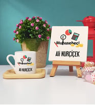 Muhasebeci Ahşap Altlıklı Türk Kahvesi Fincanı ve Dekoratif Taş Baskı