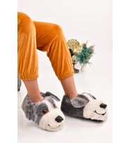 Unisex Köpek Figürlü Gri Taba Peluş Panduf  Hayvanlı Ev Botu (Gri)