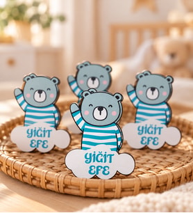 İsme Özel Mavi Renk Ayıcık Temalı  Ahşap Magnet (25 adet)
