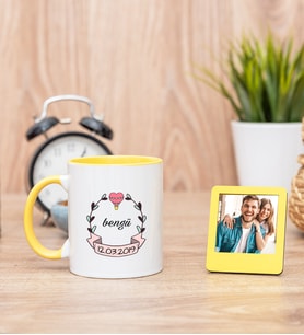 İsim Yazılı Tarihli Sarı Kupa Bardak ve Sarı Mini Fotoğraf Çerçevesi