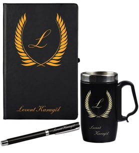 Kişiye Özel Hazırlanmış Hediye Siyah Defter Kalem Ve Termos - Mug Seti