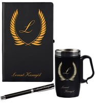 Kişiye Özel Hazırlanmış Hediye Siyah Defter Kalem Ve Termos - Mug Seti