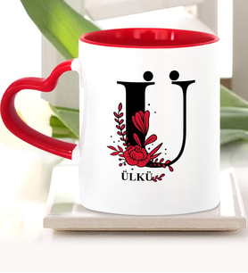 BK Gift Kişiye Özel Ü Harfi Kırmızı Kalpli Kupa Bardak Model 1