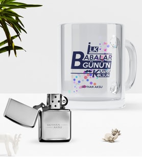 BK Gift Kişiye Özel İlk Babalar Günün Kutlu Olsun Cam Kupa Bardak Benzinli Çakmak Seti-2 (Model 1)