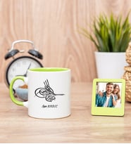 Tuğra Desenli Yeşil Kupa Bardak ve Yeşil Mini Fotoğraf Çerçevesi