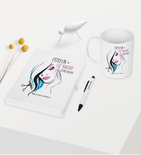 BK Gift Kişiye Özel Güzellik ve Saç Bakımı Öğretmeni Temalı Beyaz Defter Kalem Kupa Seti - 1