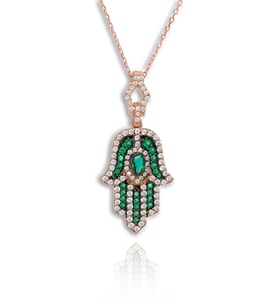 Yeşil Taşlı Fatmanın Eli Rose Kaplama Gümüş Kolye