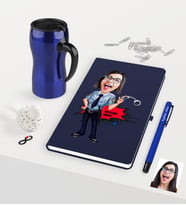 BK Gift Kişiye Özel Bayan Polis Karikatürlü Lacivert Defter Kalem Termos Mug Seti (Model 1)