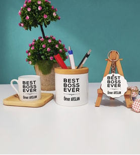 Patrona Hediye Best Boss Ever Tasarımlı Patron Ahşap Altlıklı Türk Kahvesi Fincanı Kalemlik Ahşap Anahtarlık Hediye Seti