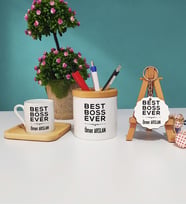 Patrona Hediye Best Boss Ever Tasarımlı Patron Ahşap Altlıklı Türk Kahvesi Fincanı Kalemlik Ahşap Anahtarlık Hediye Seti