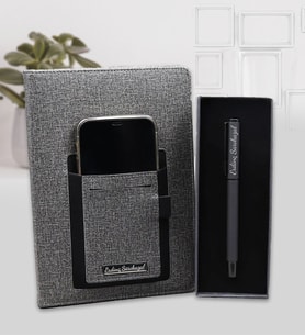 Kişiye Özel Telefon Cepli Gri Defter & Mat Roller Kalem Hediye Seti (Siyah)