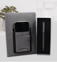 Kişiye Özel Telefon Cepli Gri Defter & Mat Roller Kalem Hediye Seti (Siyah)