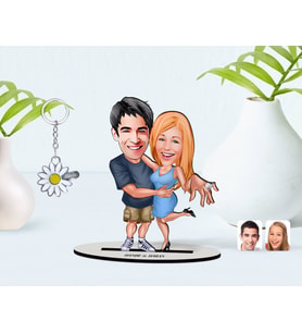 BK Gift Kişiye Özel Sevgililer Karikatürlü 3D Ahşap Biblo ve İsimli Silver Papatya Anahtarlık-14 (Model 1)