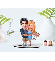 BK Gift Kişiye Özel Sevgililer Karikatürlü 3D Ahşap Biblo ve İsimli Silver Papatya Anahtarlık-14 (Model 1)