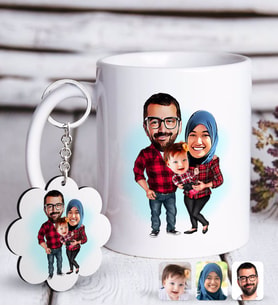 BK Gift Kişiye Özel Tesettürlü Aile Karikatürlü Beyaz Kupa ve Anahtarlık Hediye Seti-2 (Model 1)