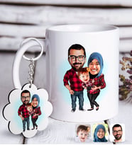 BK Gift Kişiye Özel Tesettürlü Aile Karikatürlü Beyaz Kupa ve Anahtarlık Hediye Seti-2 (Model 1)